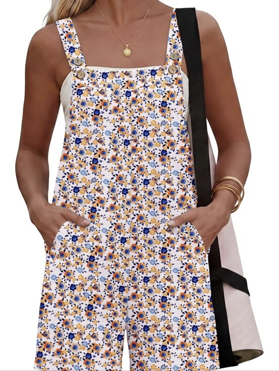 Lepunuo Pants - Women's Lepunnuo White Floral Loose Fit Sleeveless Button-Strap Romper Med. NWOT